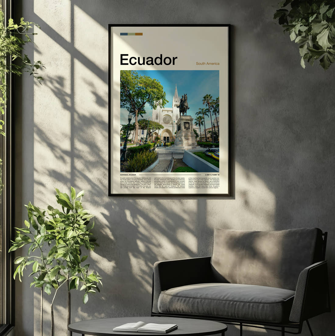Ecuador Equestrian Statue Travel Print framed on the wall of a relaxed living room