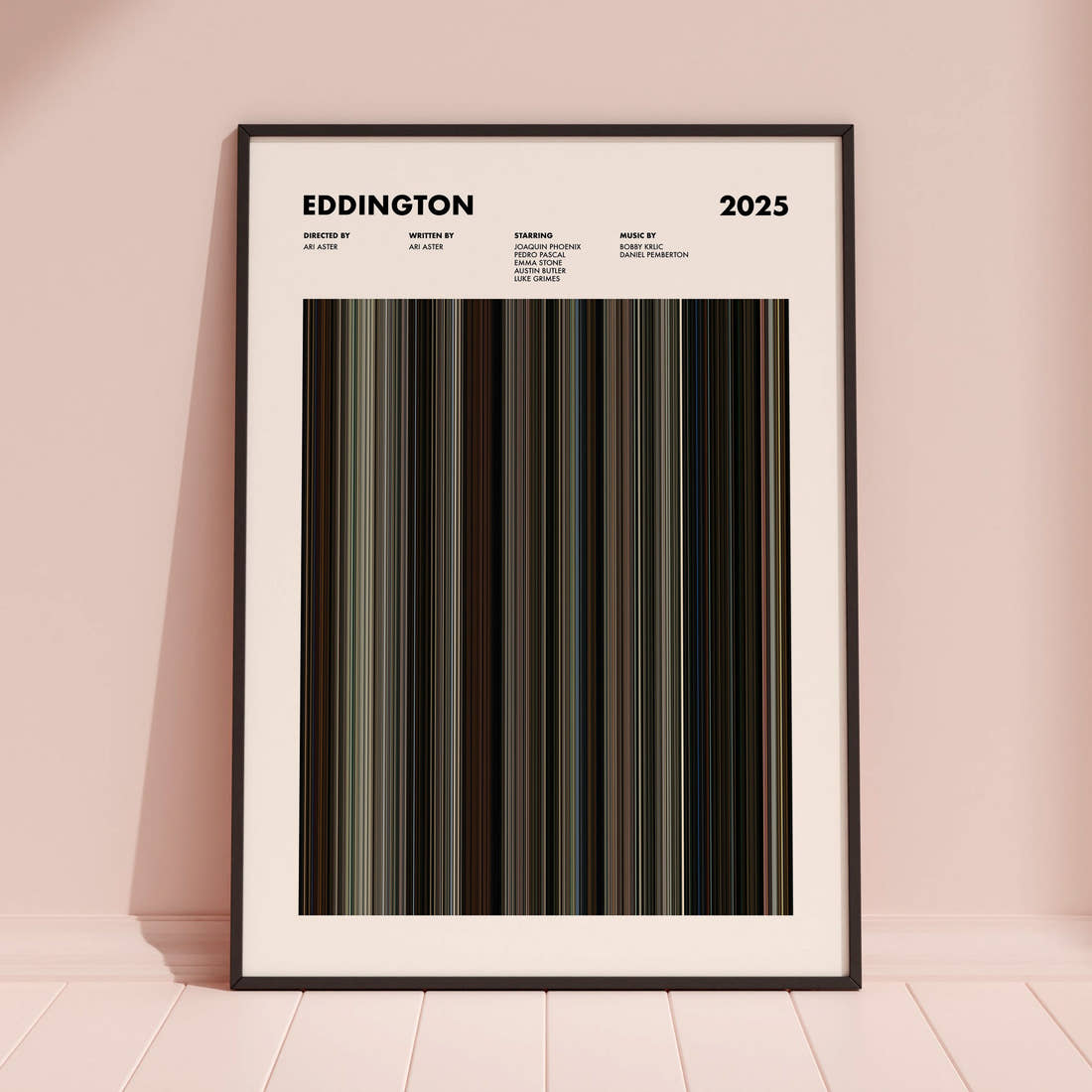 Eddington Movie Barcode Poster framed and leaning against a coloured wall