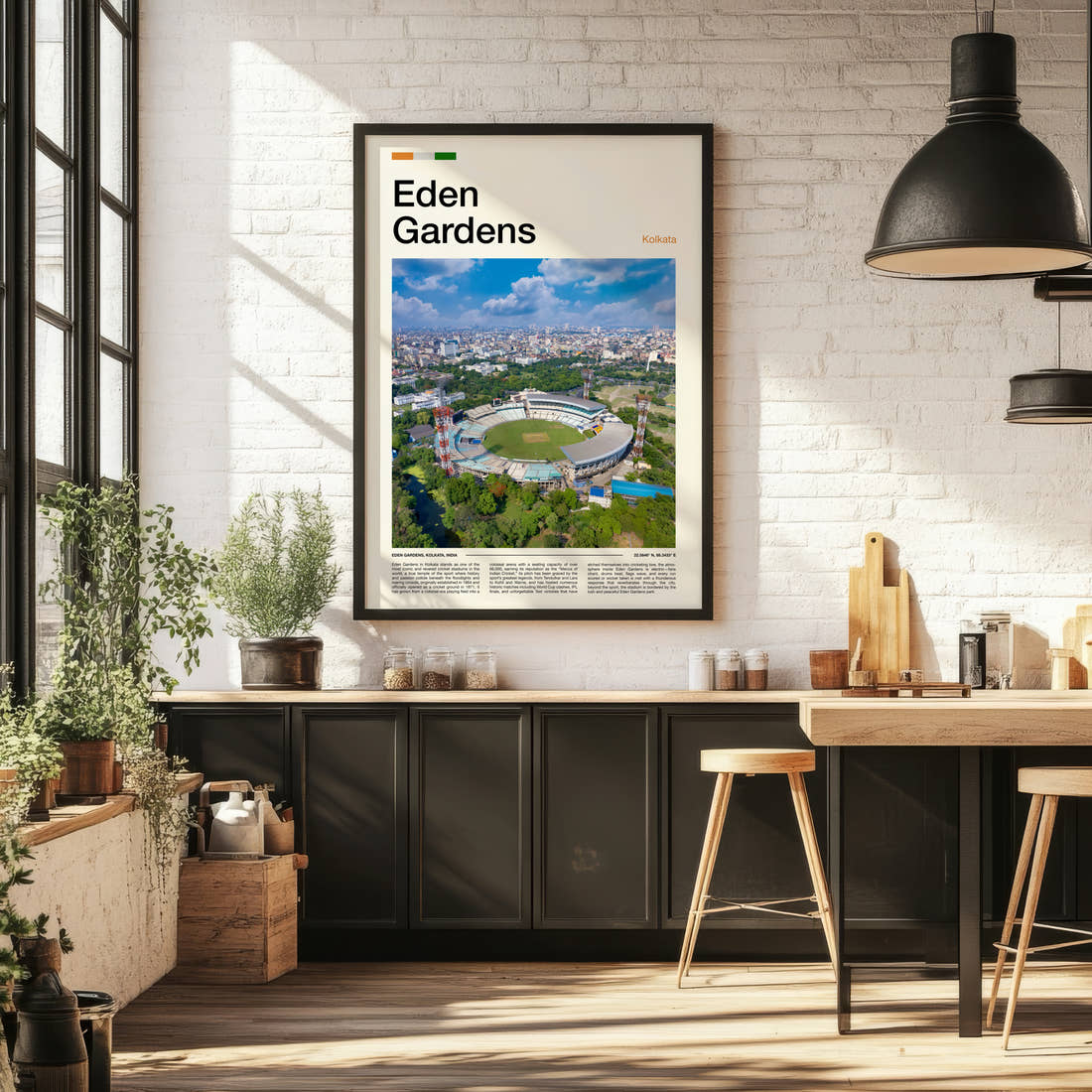 Eden Gardens Stadium Print framed on the wall of a bright kitchen and dining space