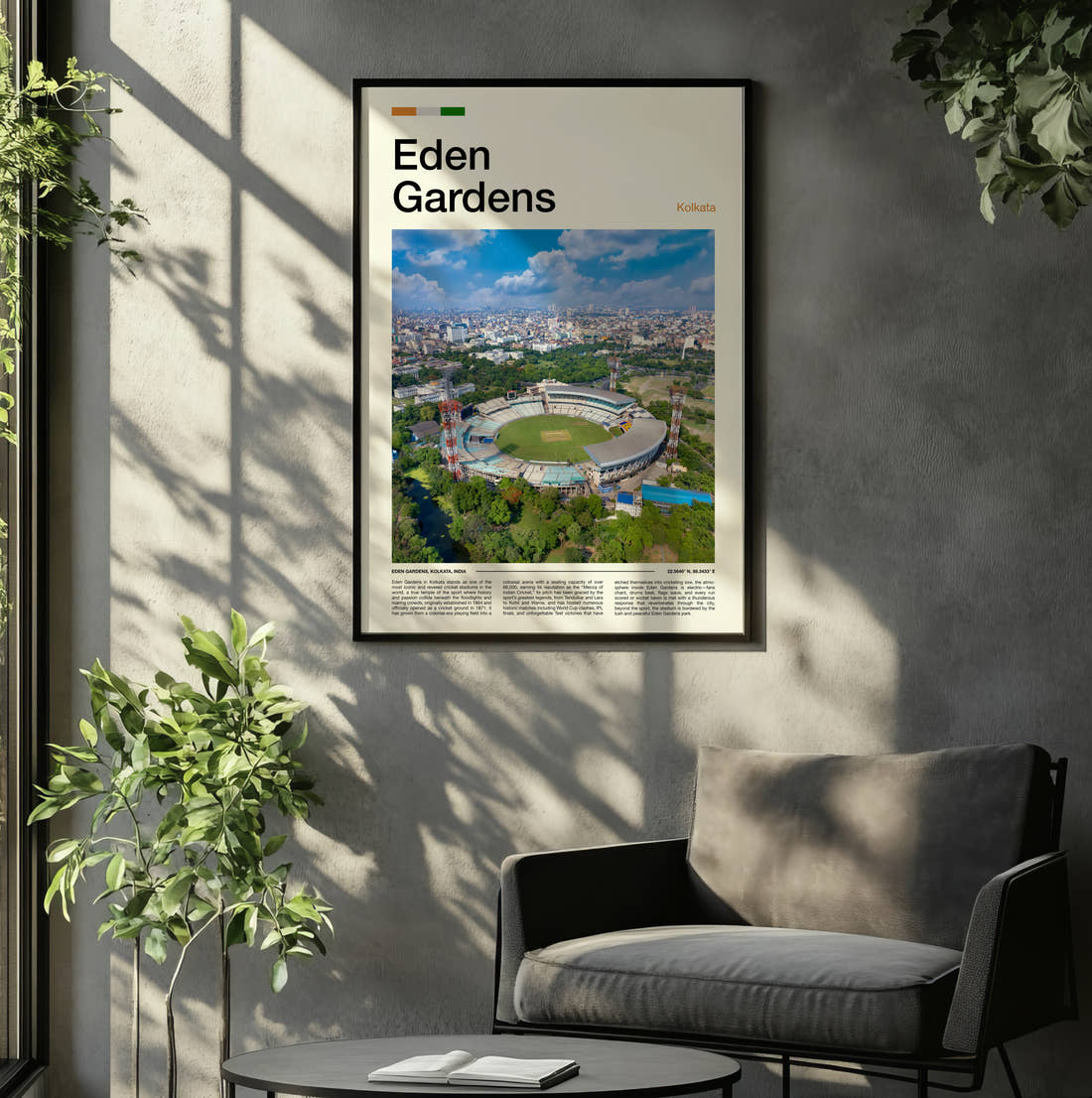 Eden Gardens Stadium Print framed on the wall of a relaxed living room