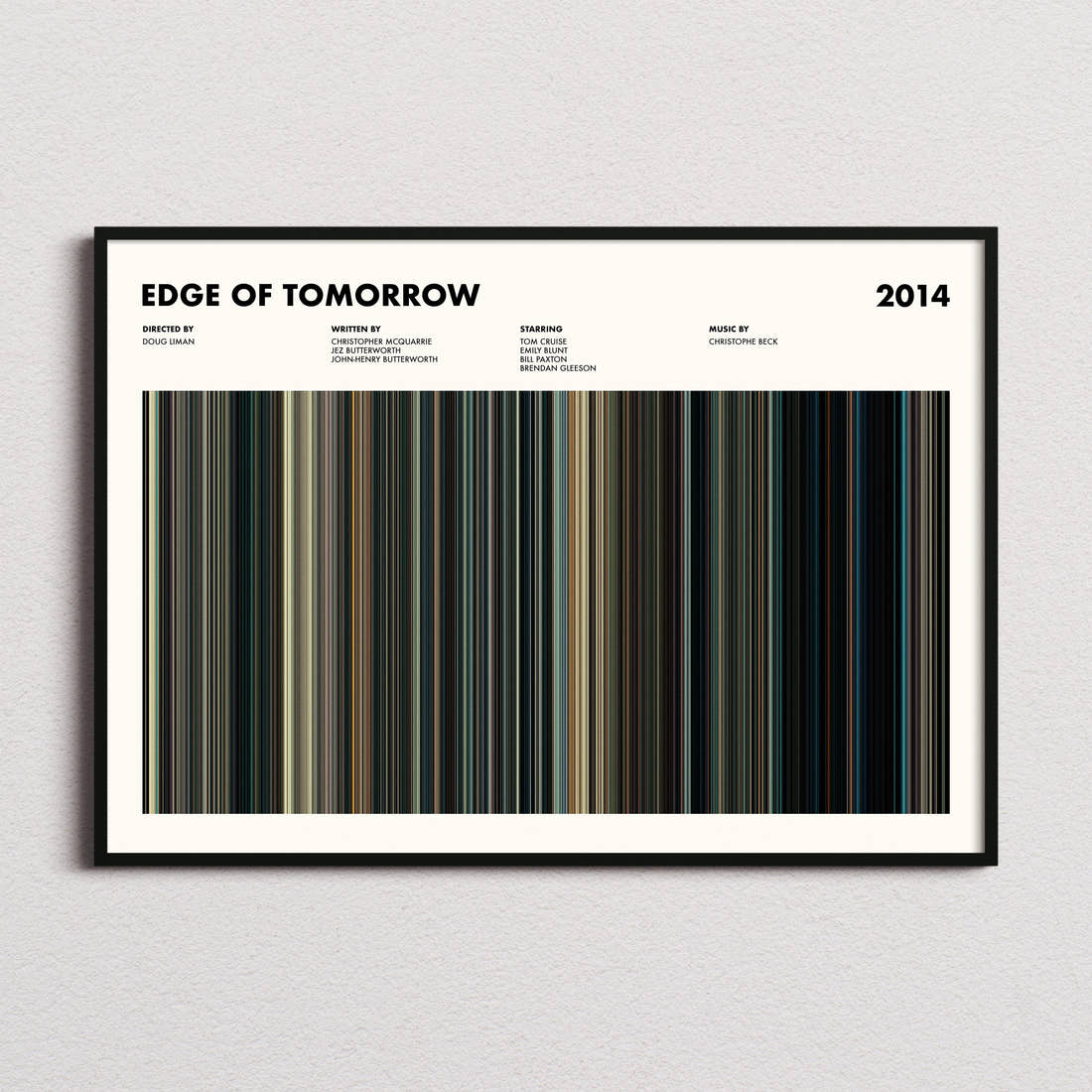 Edge of Tomorrow Movie Barcode Poster framed and photographed straight on