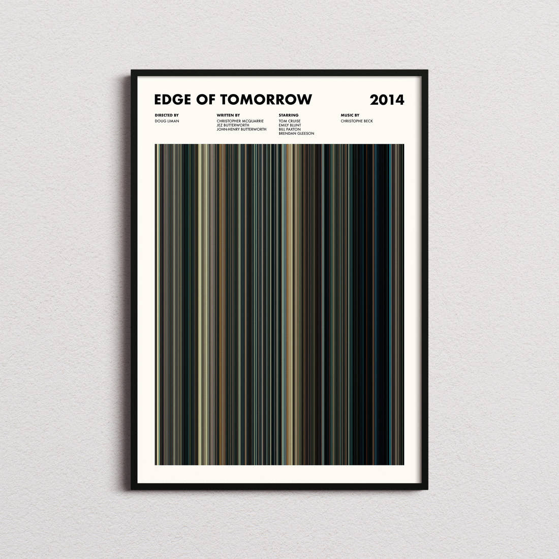 Edge of Tomorrow Movie Barcode Poster framed on a plain studio wall