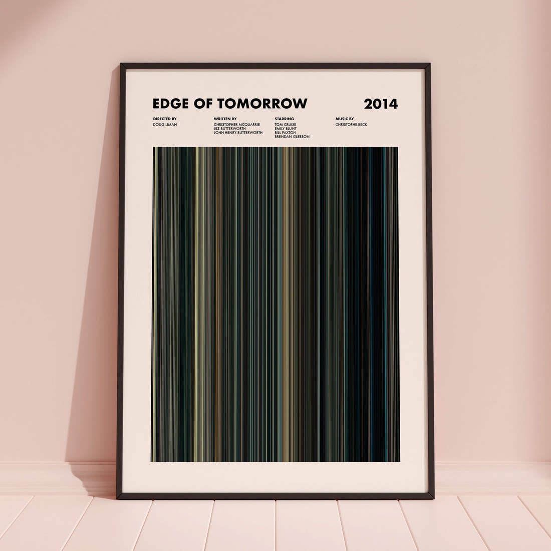 Edge of Tomorrow Movie Barcode Poster framed and leaning against a coloured wall