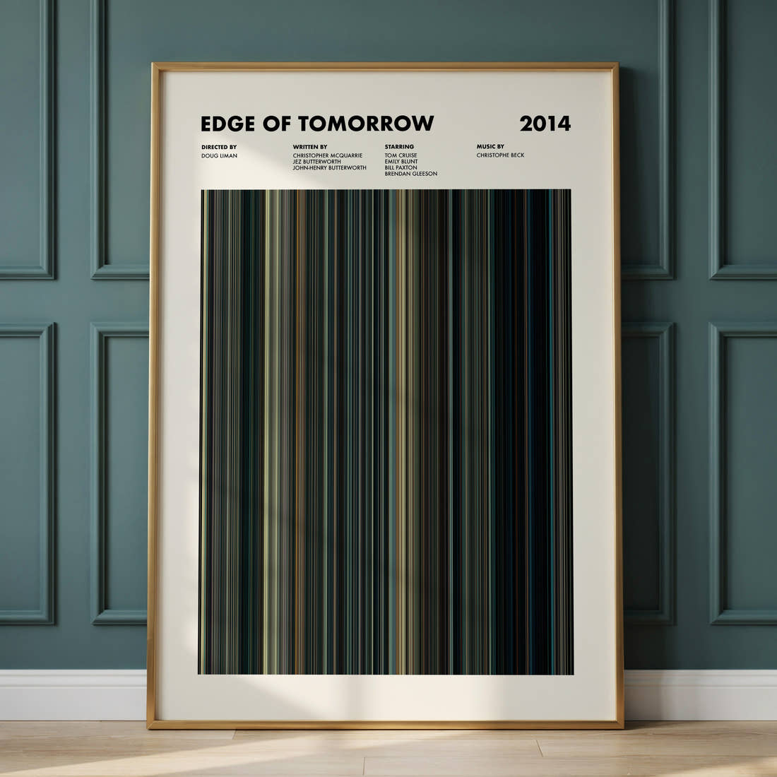 Edge of Tomorrow Movie Barcode Poster framed and leaning against a panelled wall