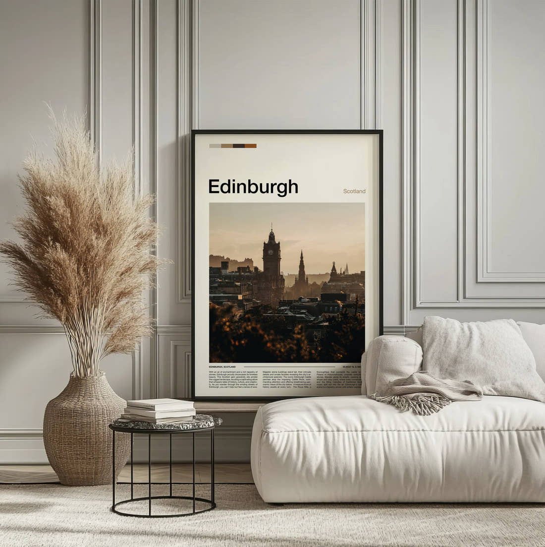 Edinburgh Balmoral Clock Tower Travel Print framed on the wall of a calm, neutral bedroom