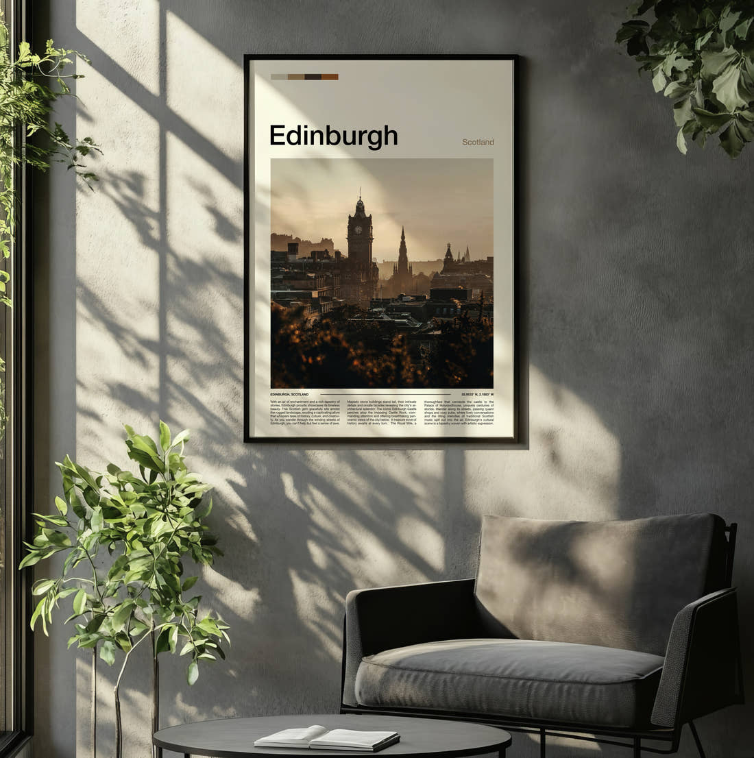 Edinburgh Balmoral Clock Tower Travel Print framed on the wall of a relaxed living room