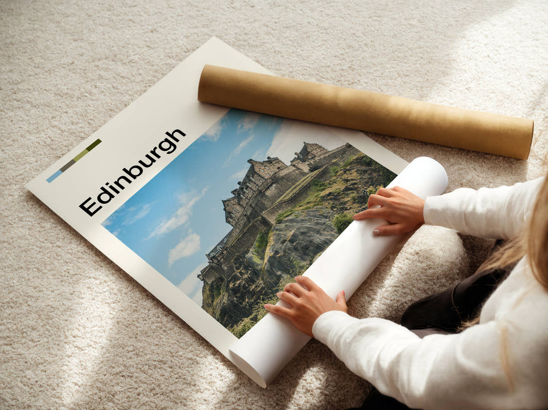 Edinburgh Castle On The Rock Travel Print being unrolled from its postal tube