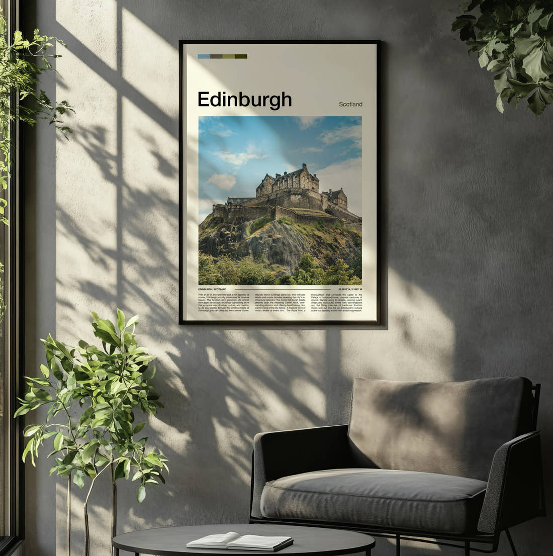 Edinburgh Castle On The Rock Travel Print framed on the wall of a relaxed living room