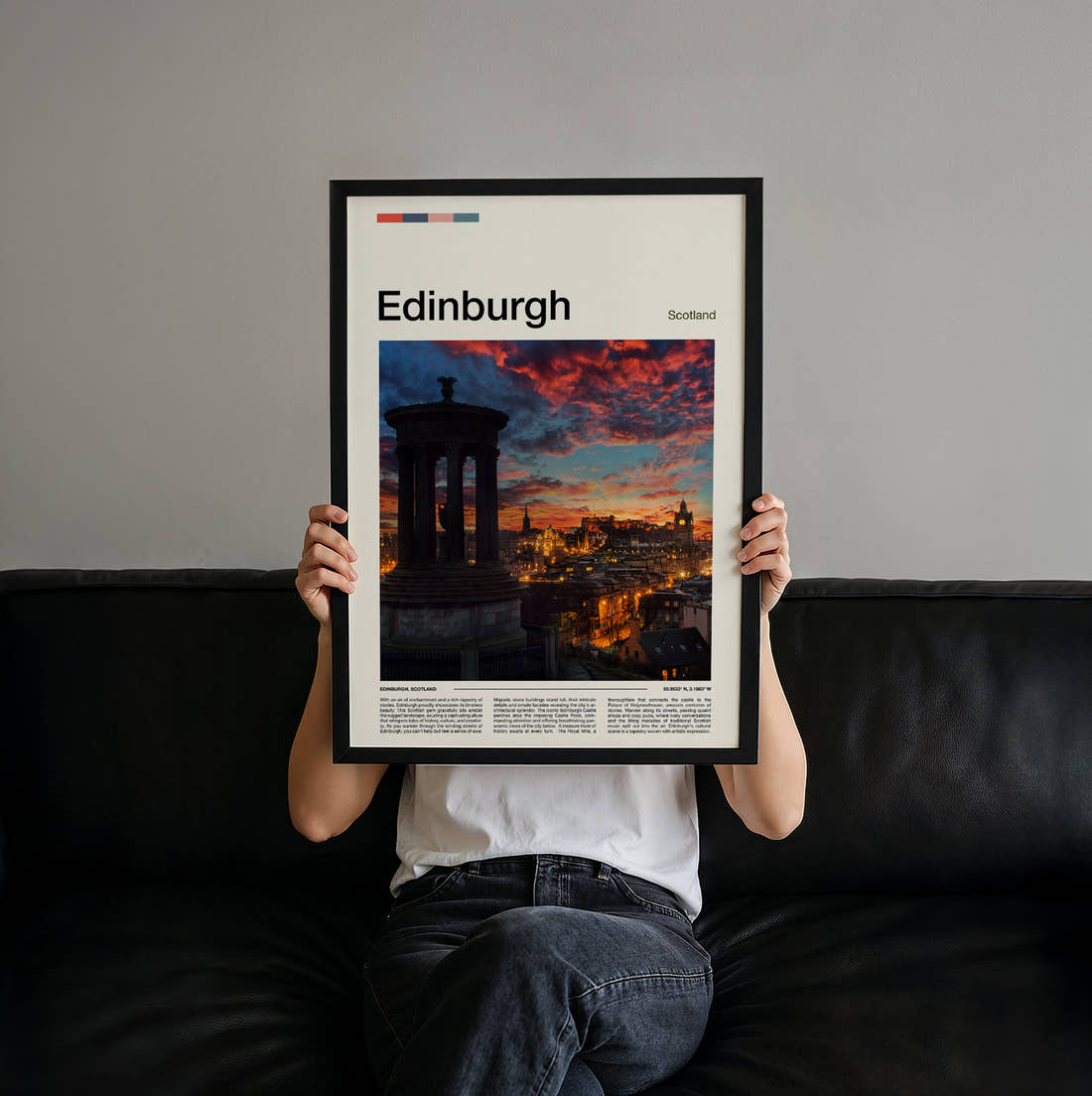 Edinburgh Dugald Stewart Monument Travel Print held up by hand to show the size of the print