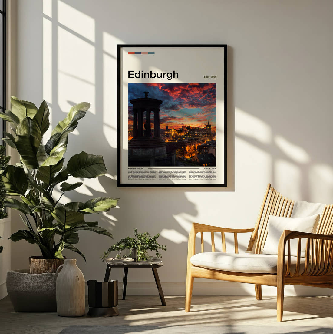 Edinburgh Dugald Stewart Monument Travel Print framed on a pale wall beside houseplants