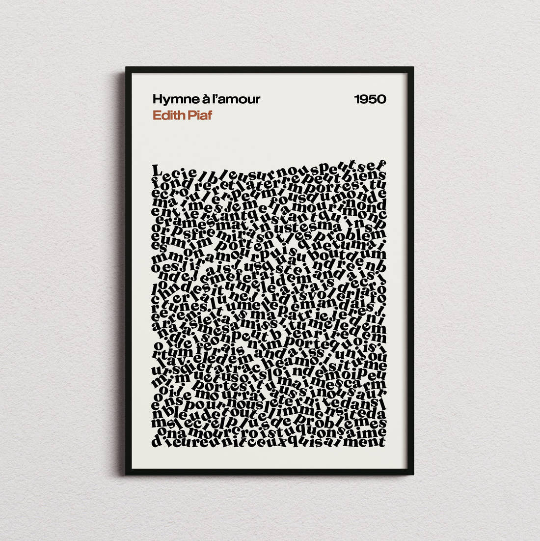 Edith Piaf Hymne à l'amour Lyric Print in the cream colourway, framed