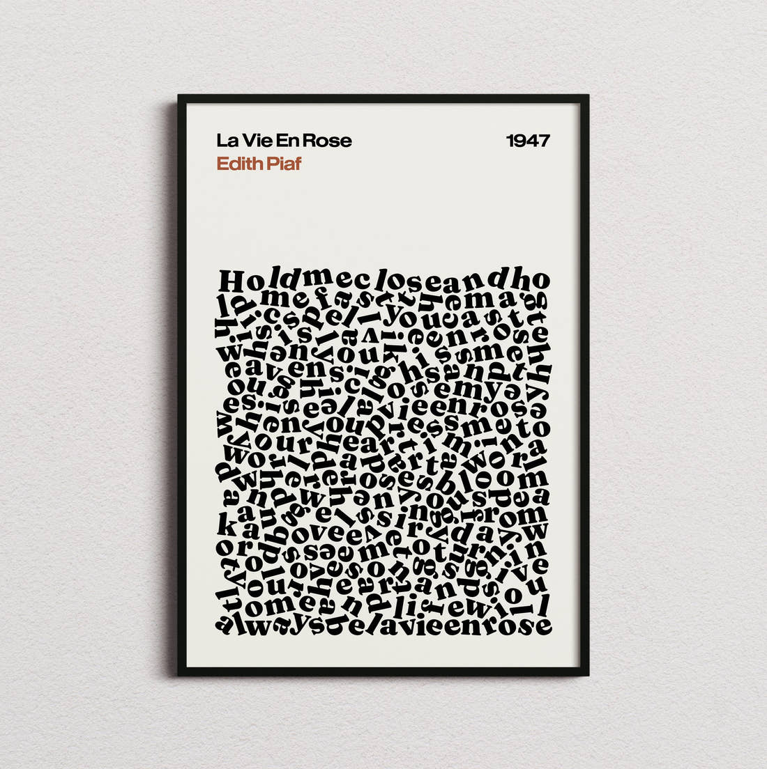 Edith Piaf La Vie en rose Lyric Print in the cream colourway, framed