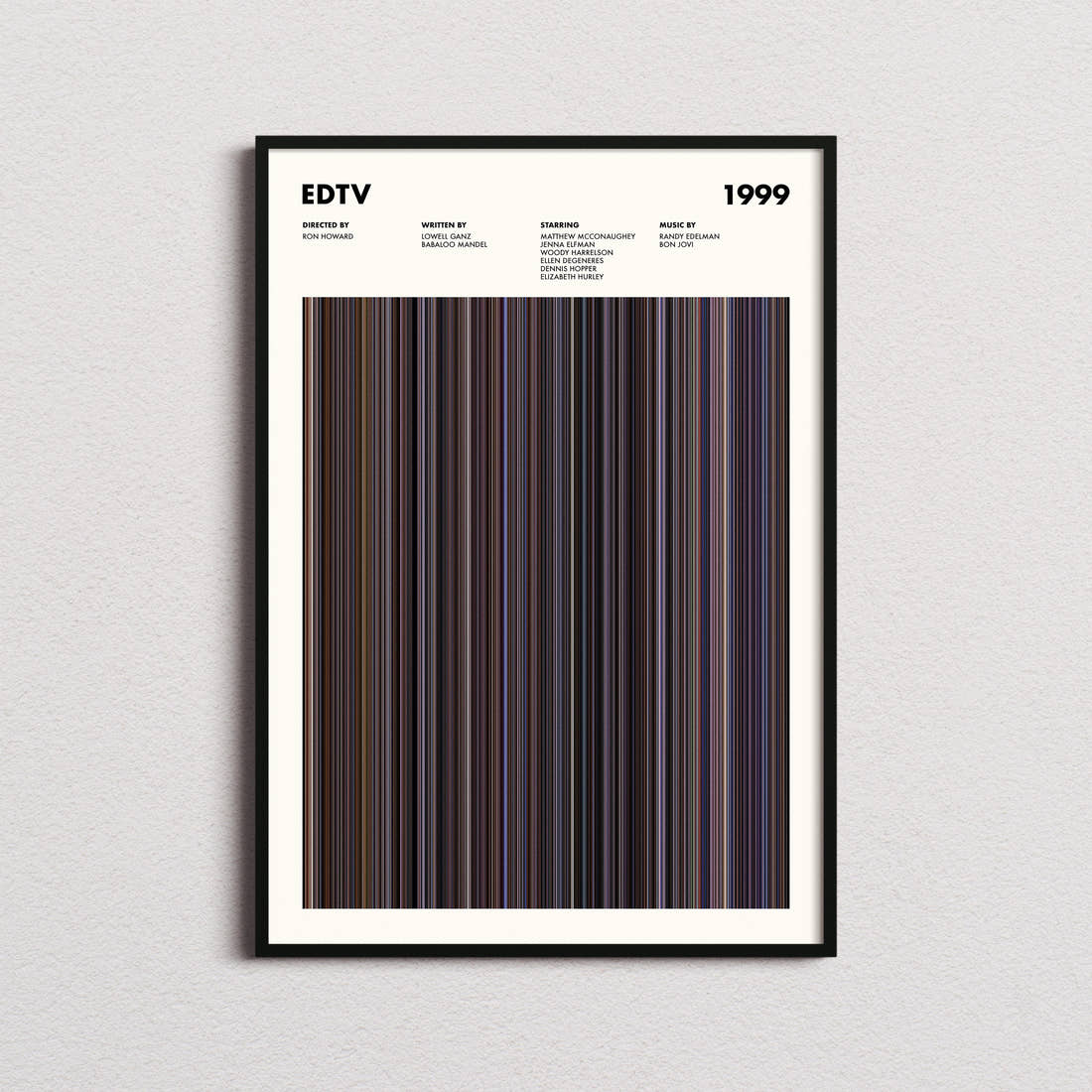 EDtv Movie Barcode Poster framed on a plain studio wall
