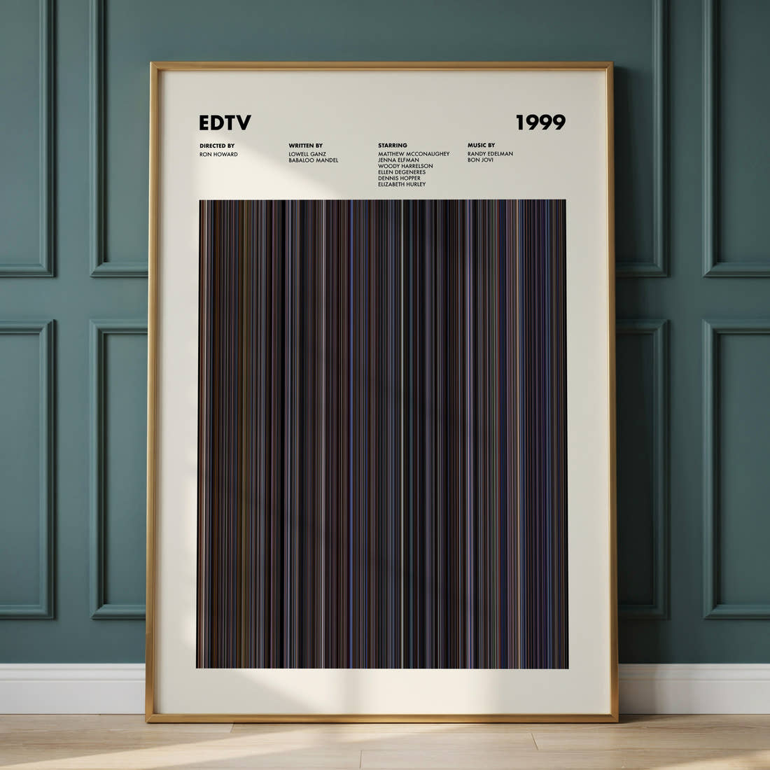 EDtv Movie Barcode Poster framed and leaning against a panelled wall