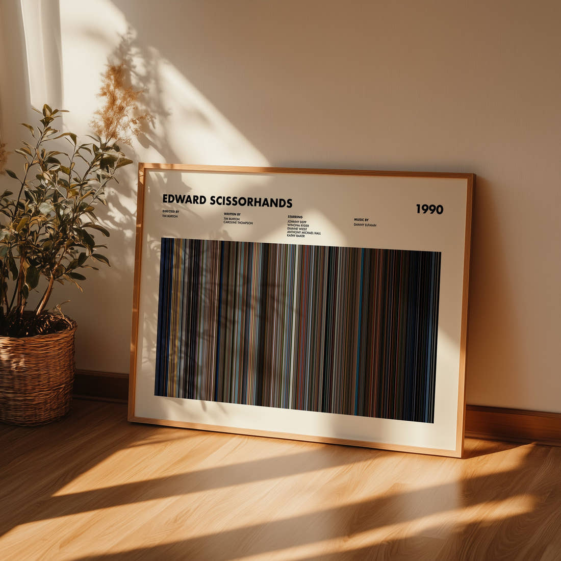 Edward Scissorhands Movie Barcode Poster framed and leaning against a wall on a wooden floor