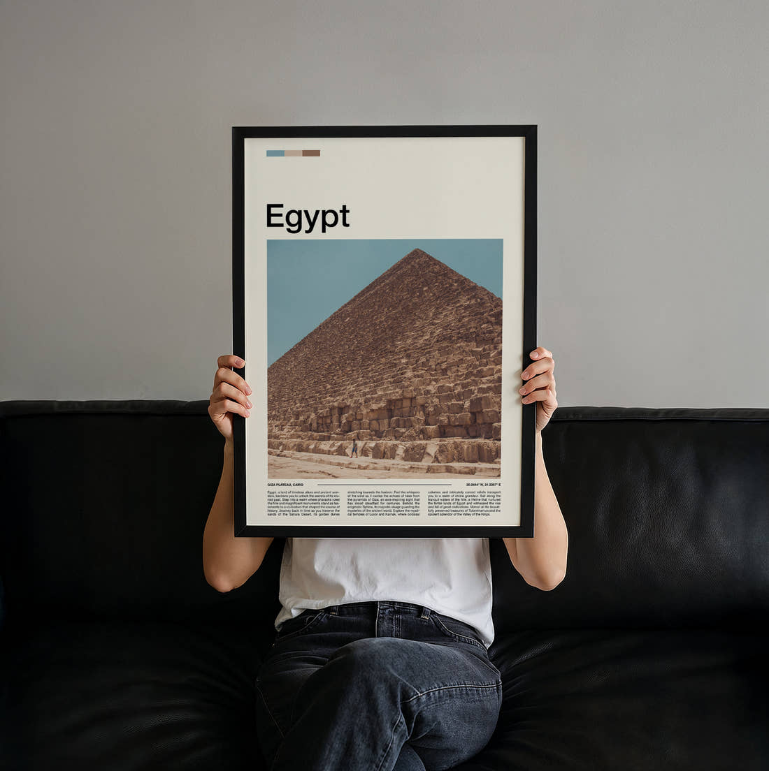 Egypt Great Pyramid Travel Print held up by hand to show the size of the print