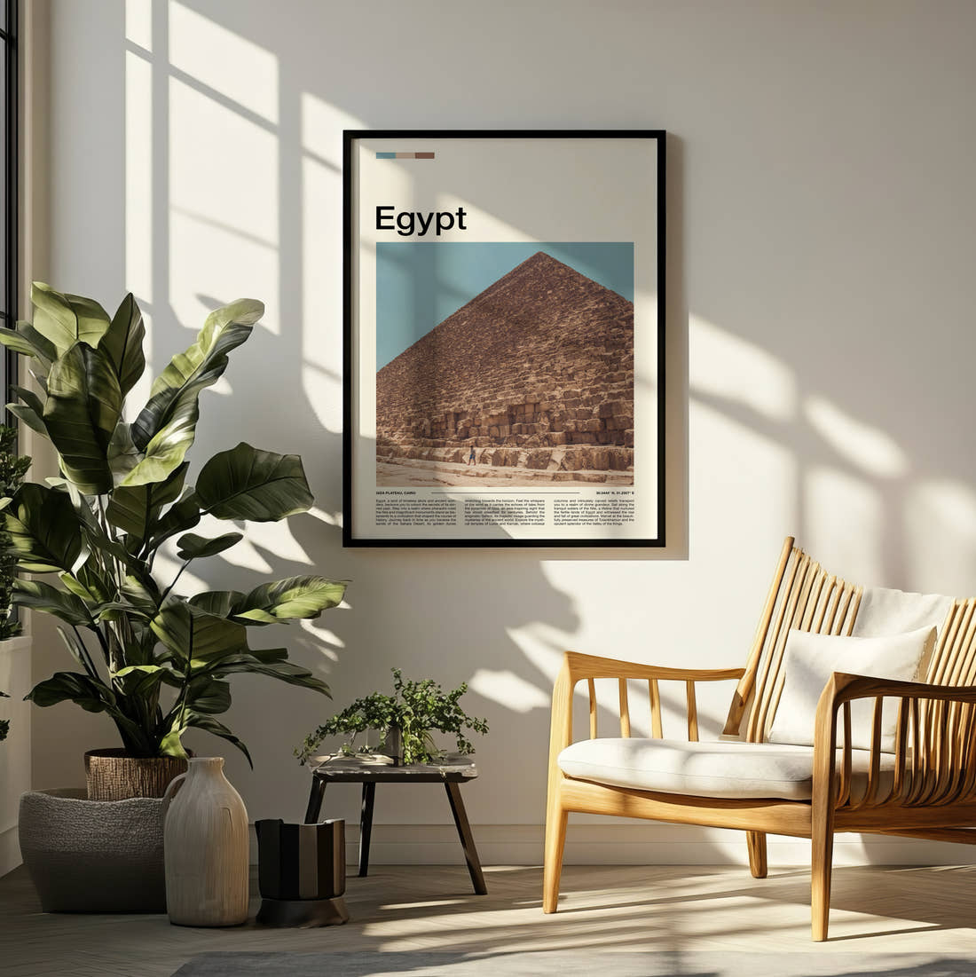 Egypt Great Pyramid Travel Print framed on a pale wall beside houseplants