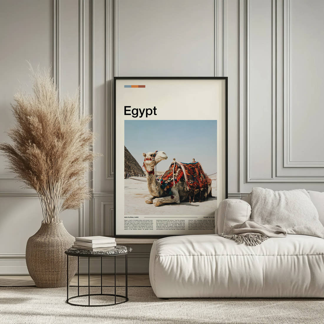 Egypt Camel And Pyramid Travel Print framed on the wall of a calm, neutral bedroom
