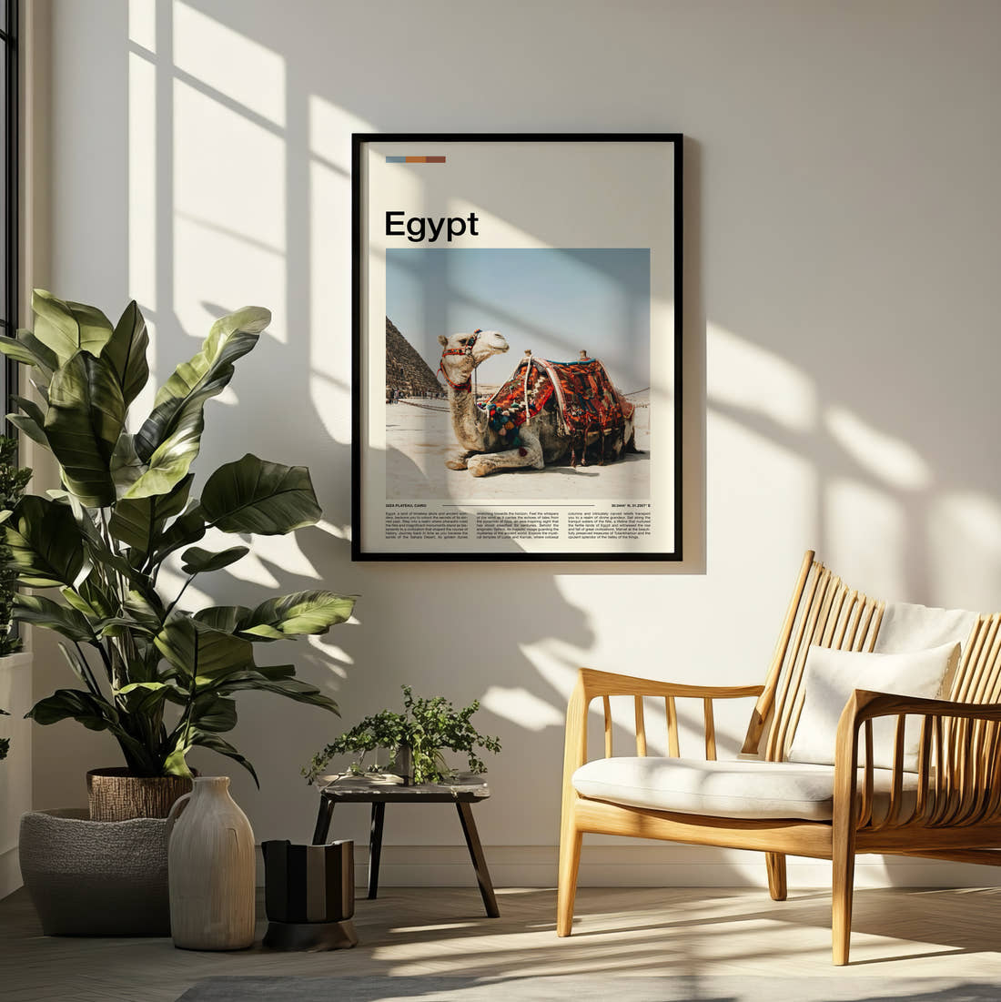 Egypt Camel And Pyramid Travel Print framed on a pale wall beside houseplants