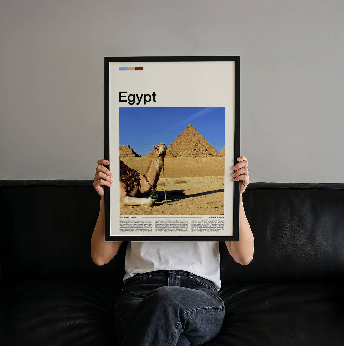 Egypt Camel And Pyramids Travel Print held up by hand to show the size of the print
