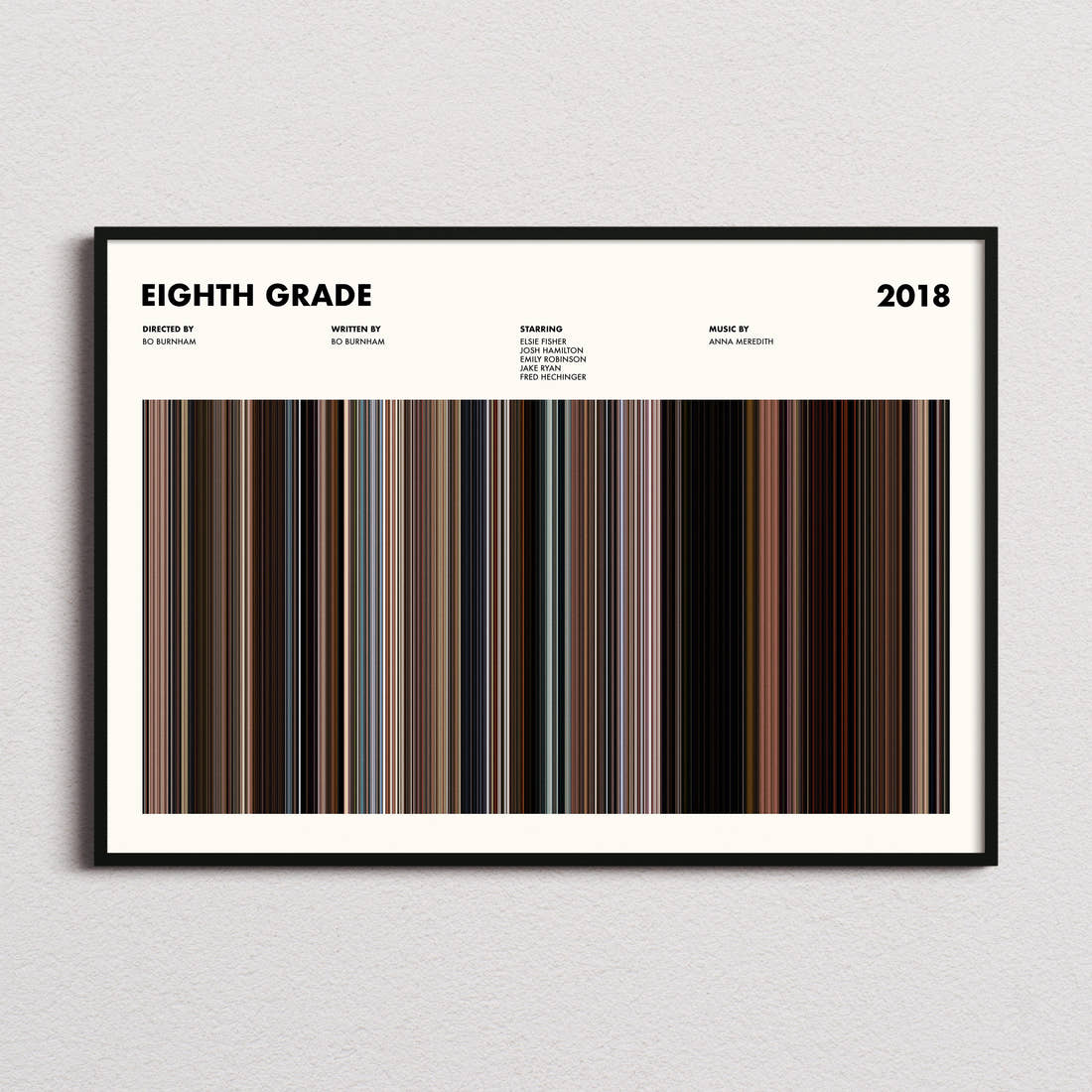 Eighth Grade Movie Barcode Poster framed and photographed straight on