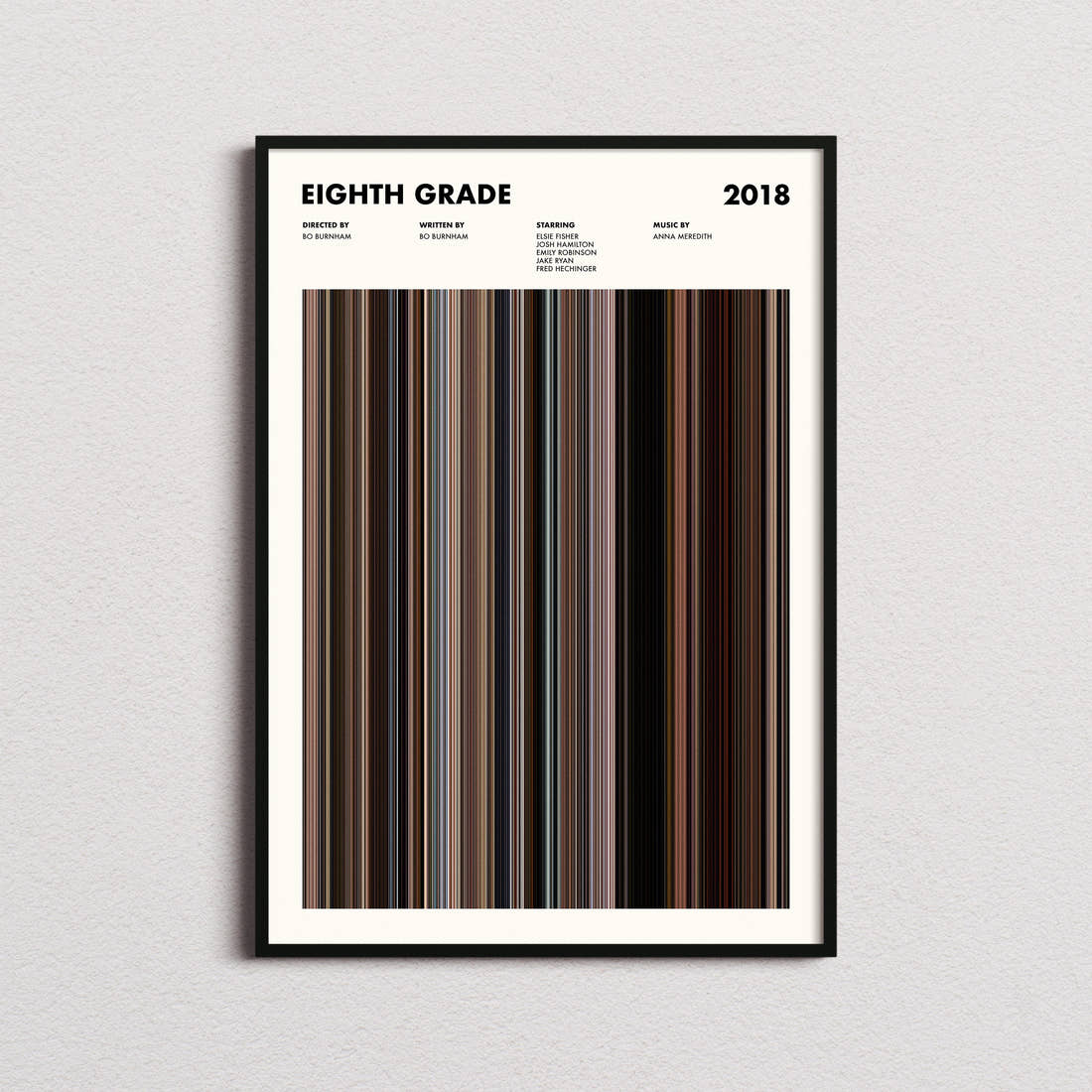 Eighth Grade Movie Barcode Poster framed on a plain studio wall
