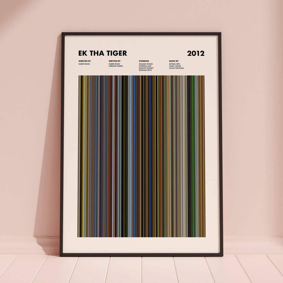 Ek Tha Tiger Movie Barcode Poster framed and leaning against a coloured wall