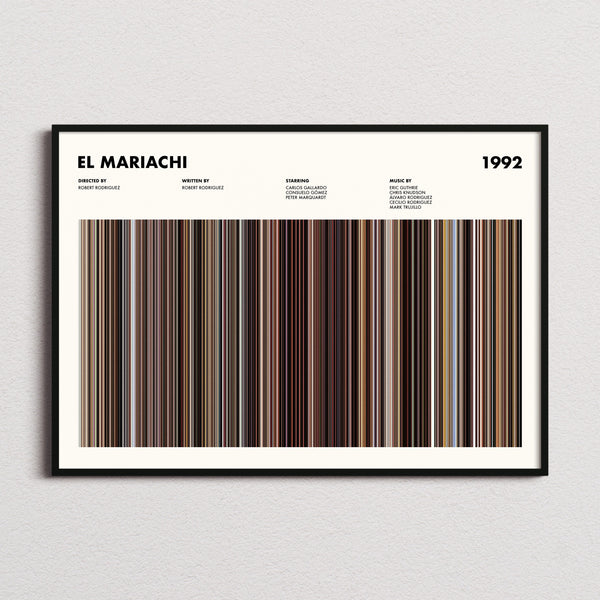 El Mariachi Movie Barcode Poster framed and photographed straight on