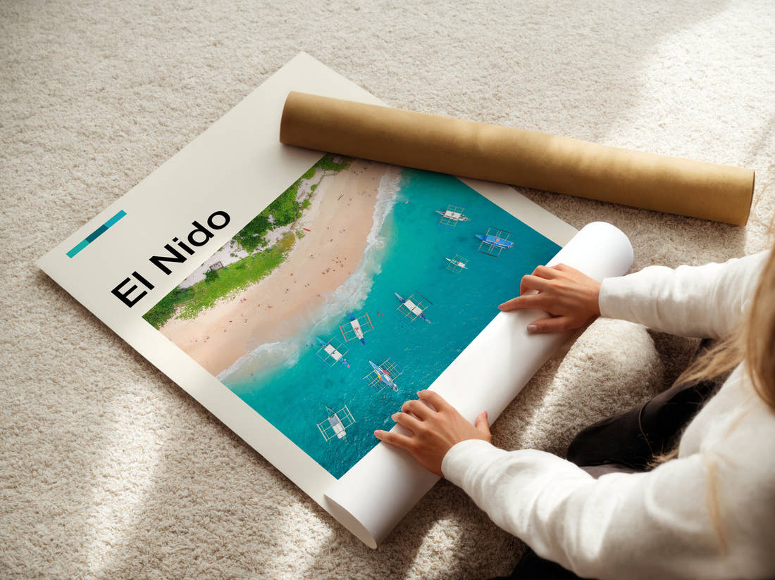 El Nido Boats On Turquoise Water Travel Print being unrolled from its postal tube