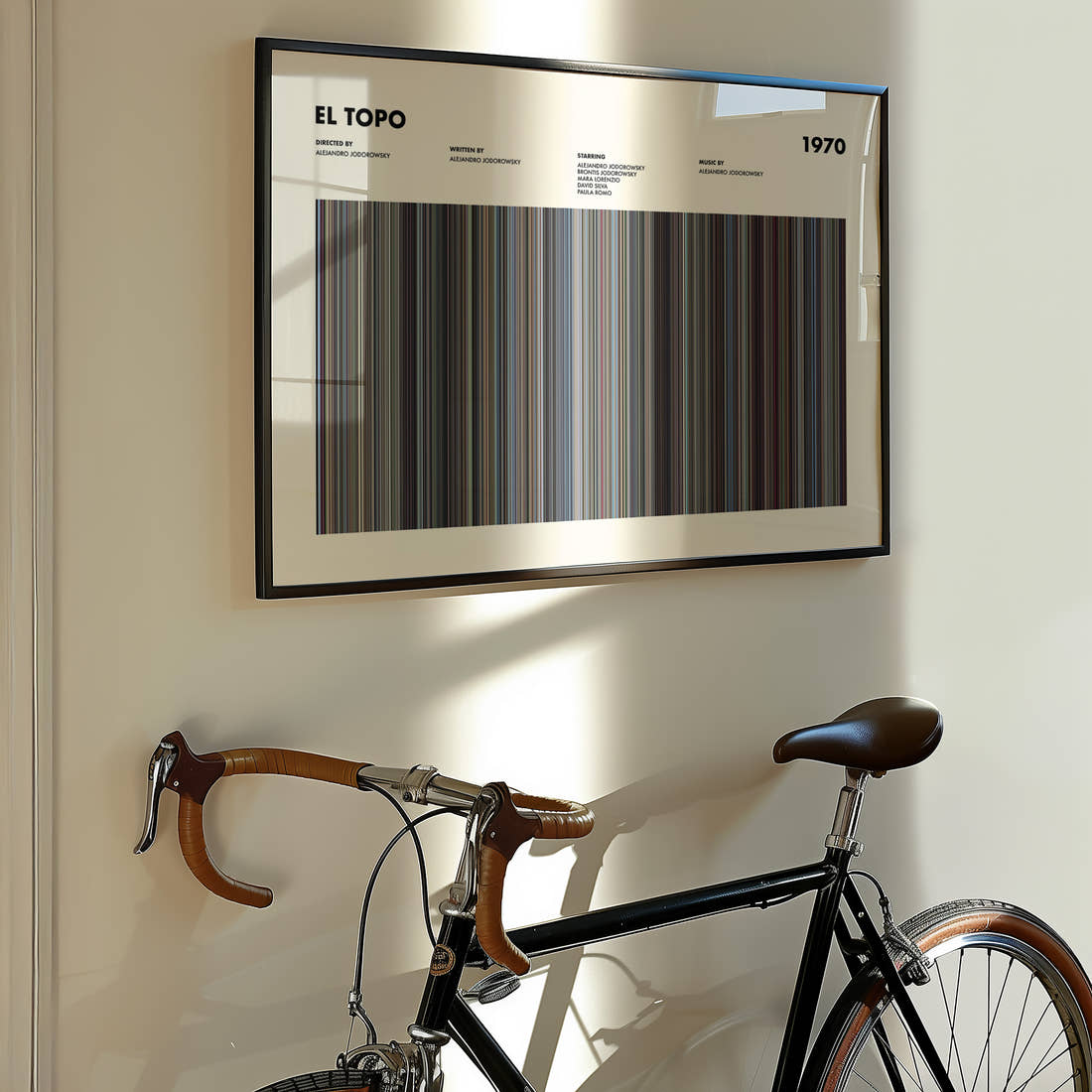 El Topo Movie Barcode Poster framed on the wall of a styled room setting