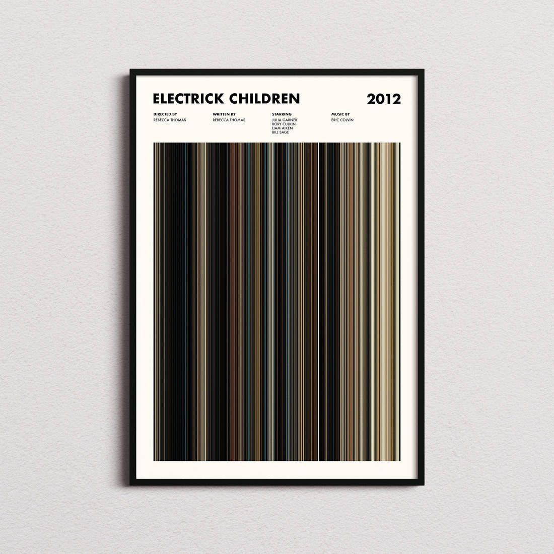 Electrick Children Movie Barcode Poster framed on a plain studio wall