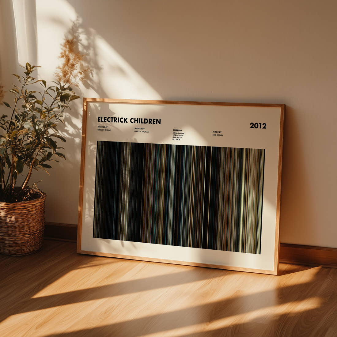 Electrick Children Movie Barcode Poster framed and leaning against a wall on a wooden floor