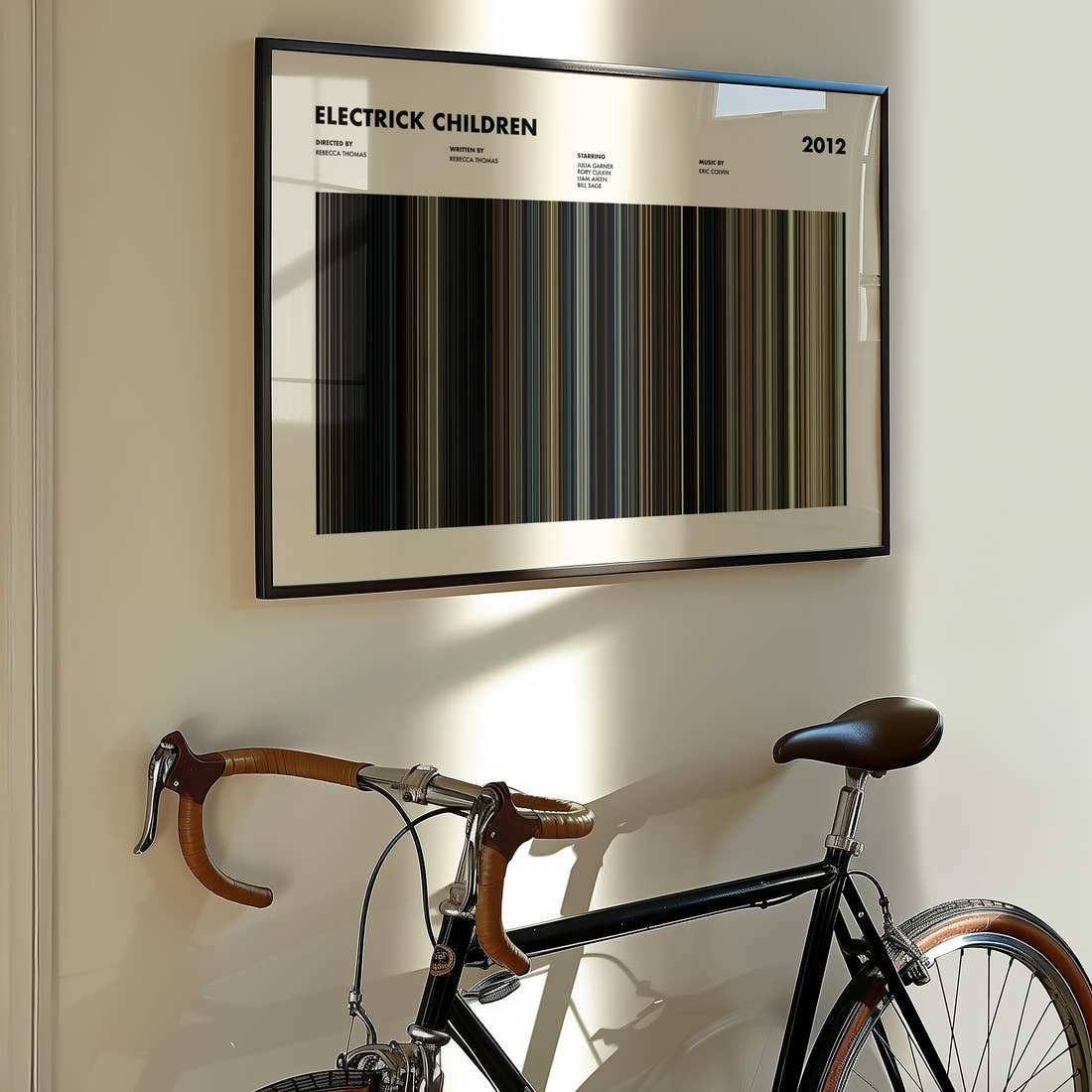 Electrick Children Movie Barcode Poster framed on the wall of a styled room setting