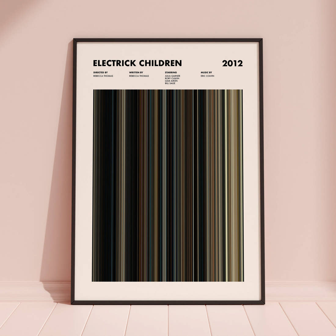 Electrick Children Movie Barcode Poster framed and leaning against a coloured wall