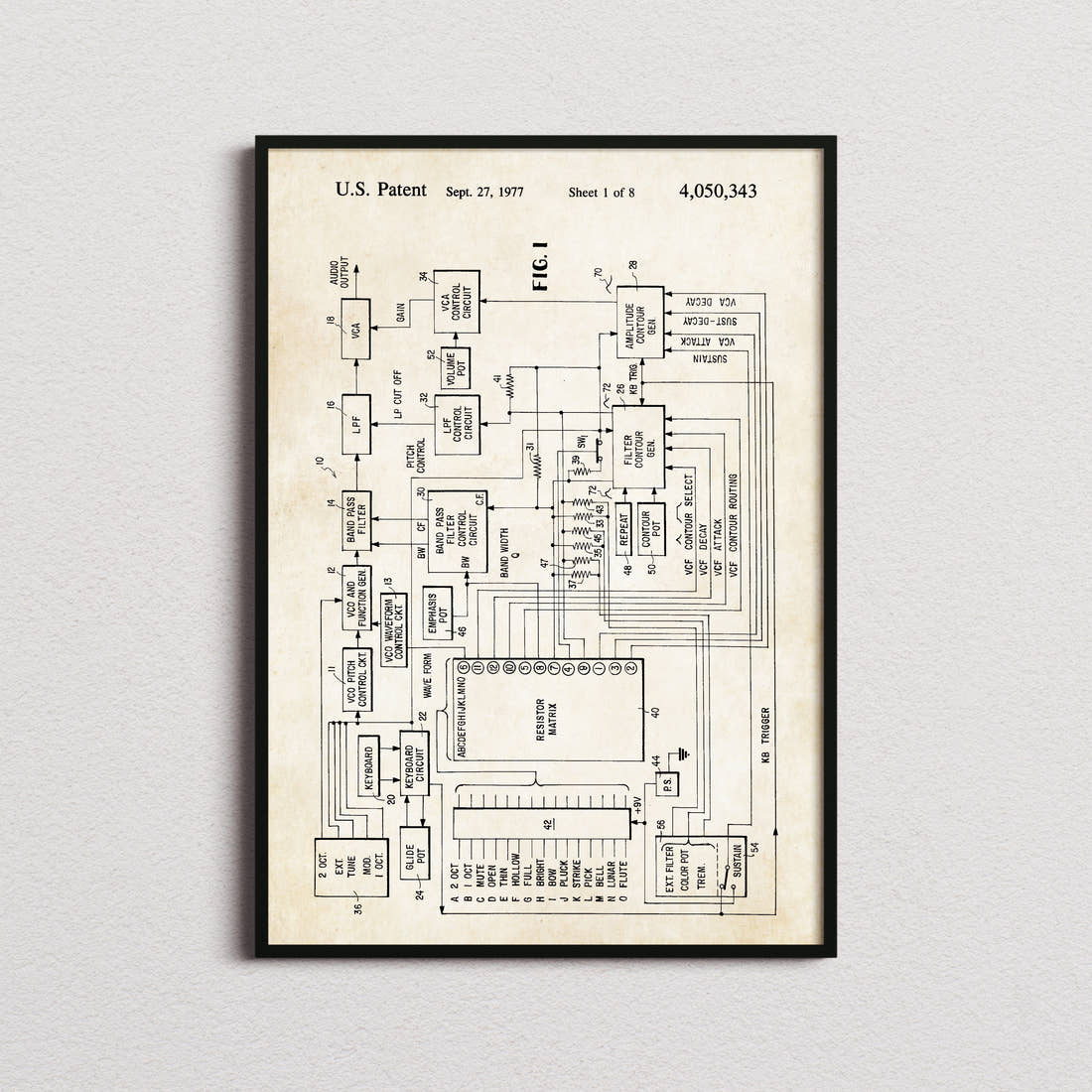 Electronic Music Synthesizer Patent Print in the aged paper colourway, framed