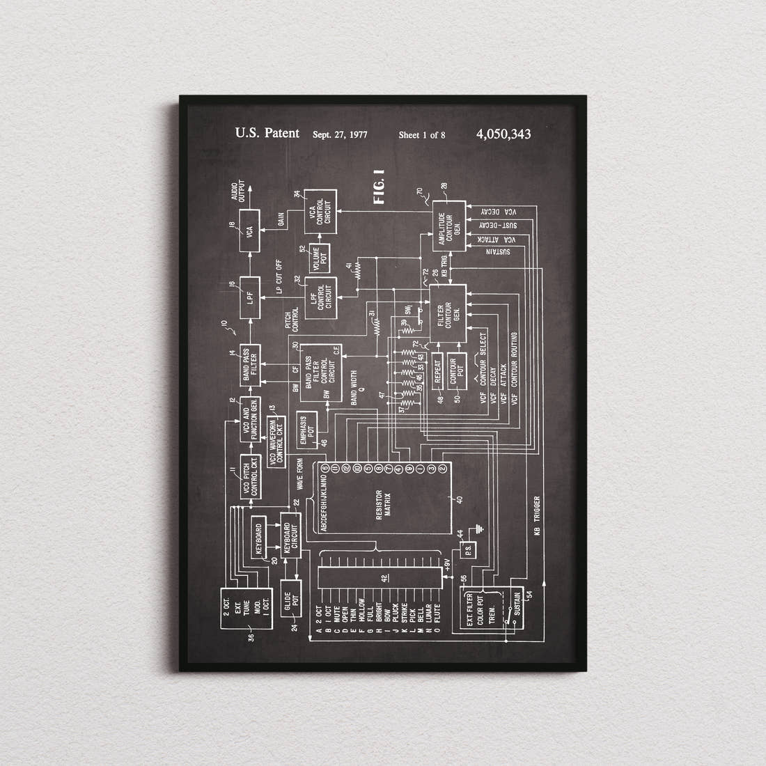 Electronic Music Synthesizer Patent Print in the blackboard colourway, framed