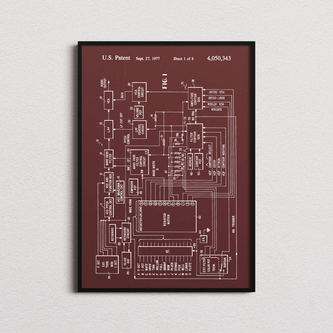 Electronic Music Synthesizer Patent Print in the burgundy colourway, framed