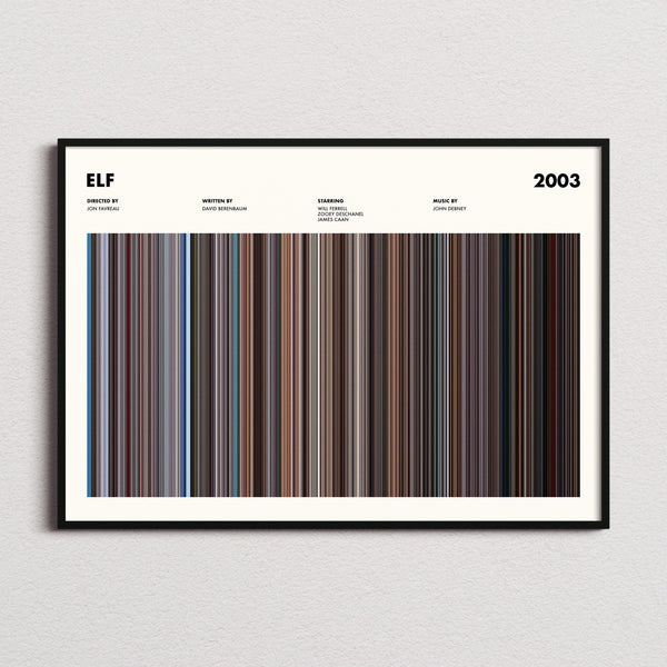 Elf Movie Barcode Poster framed and photographed straight on