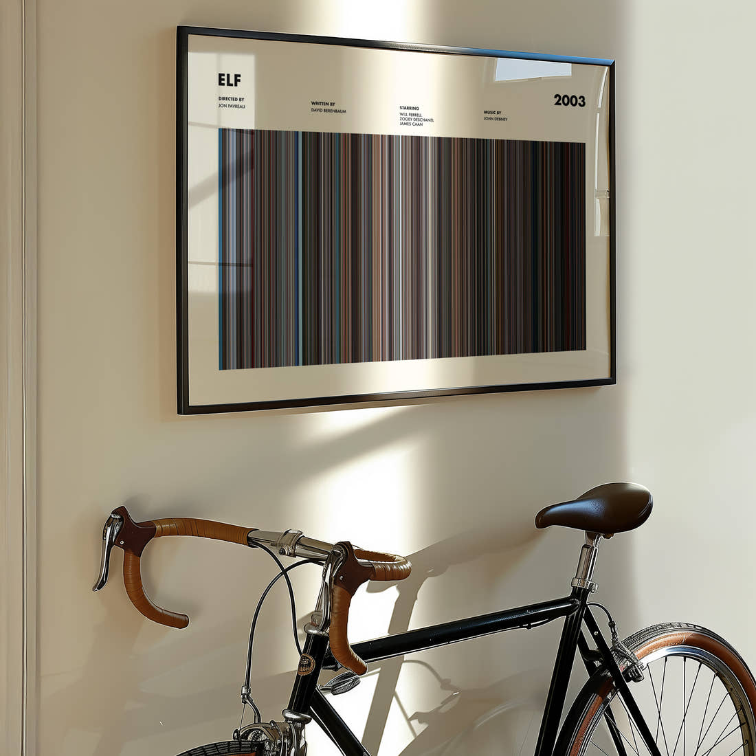 Elf Movie Barcode Poster framed on the wall of a styled room setting
