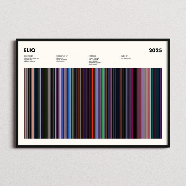 Elio Movie Barcode Poster framed and photographed straight on