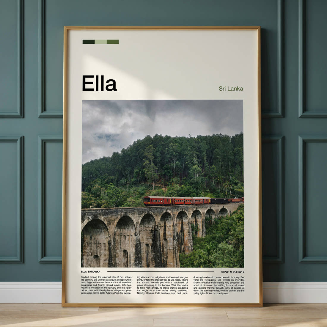 Ella Nine Arch Bridge Travel Print framed on the wall of a calm, neutral bedroom