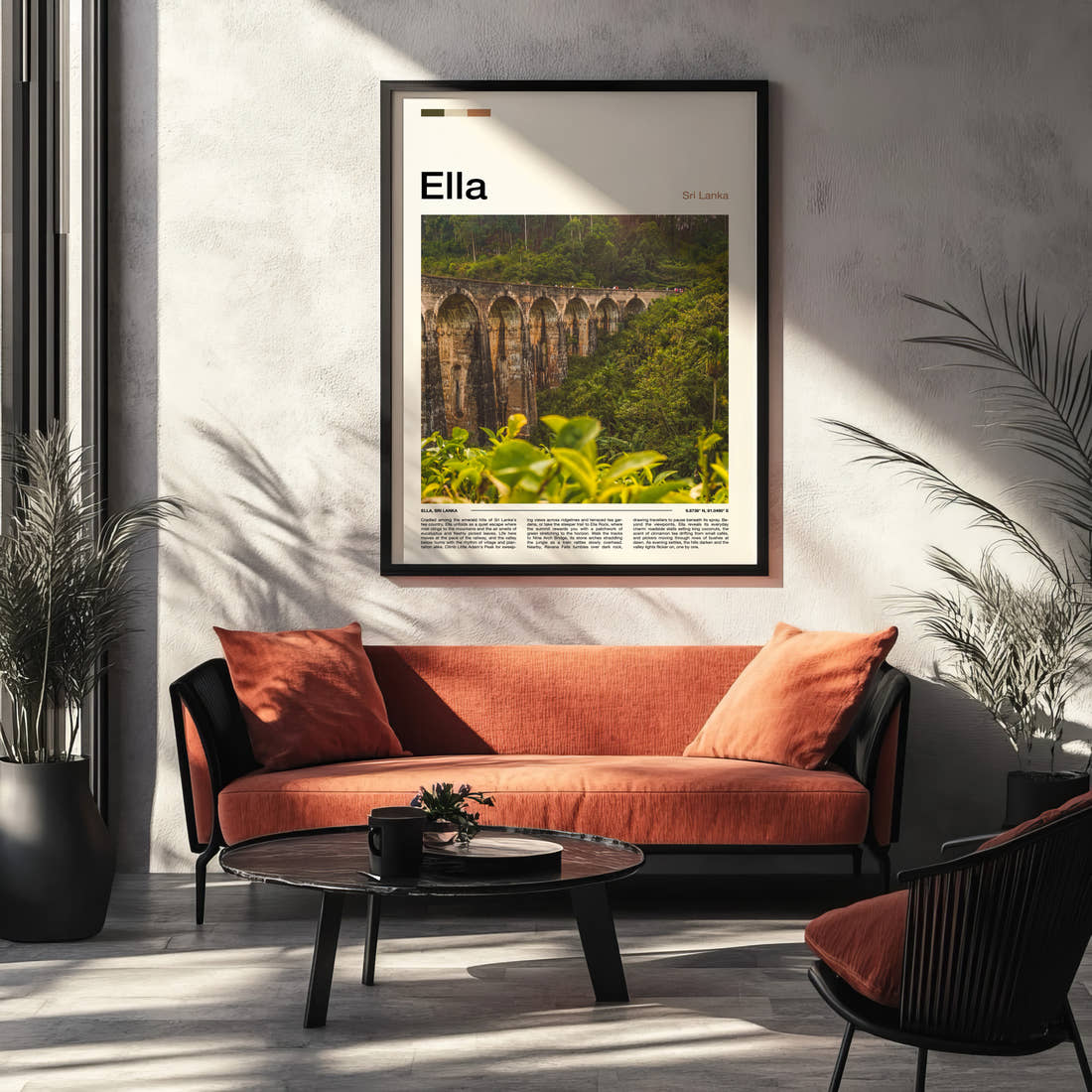 Ella Nine Arch Bridge Travel Print framed on the wall of a modern living room