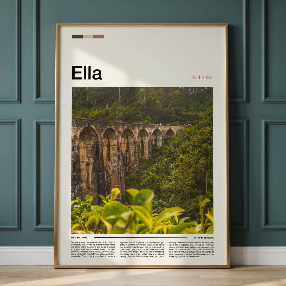 Ella Nine Arch Bridge Travel Print framed on the wall of a calm, neutral bedroom