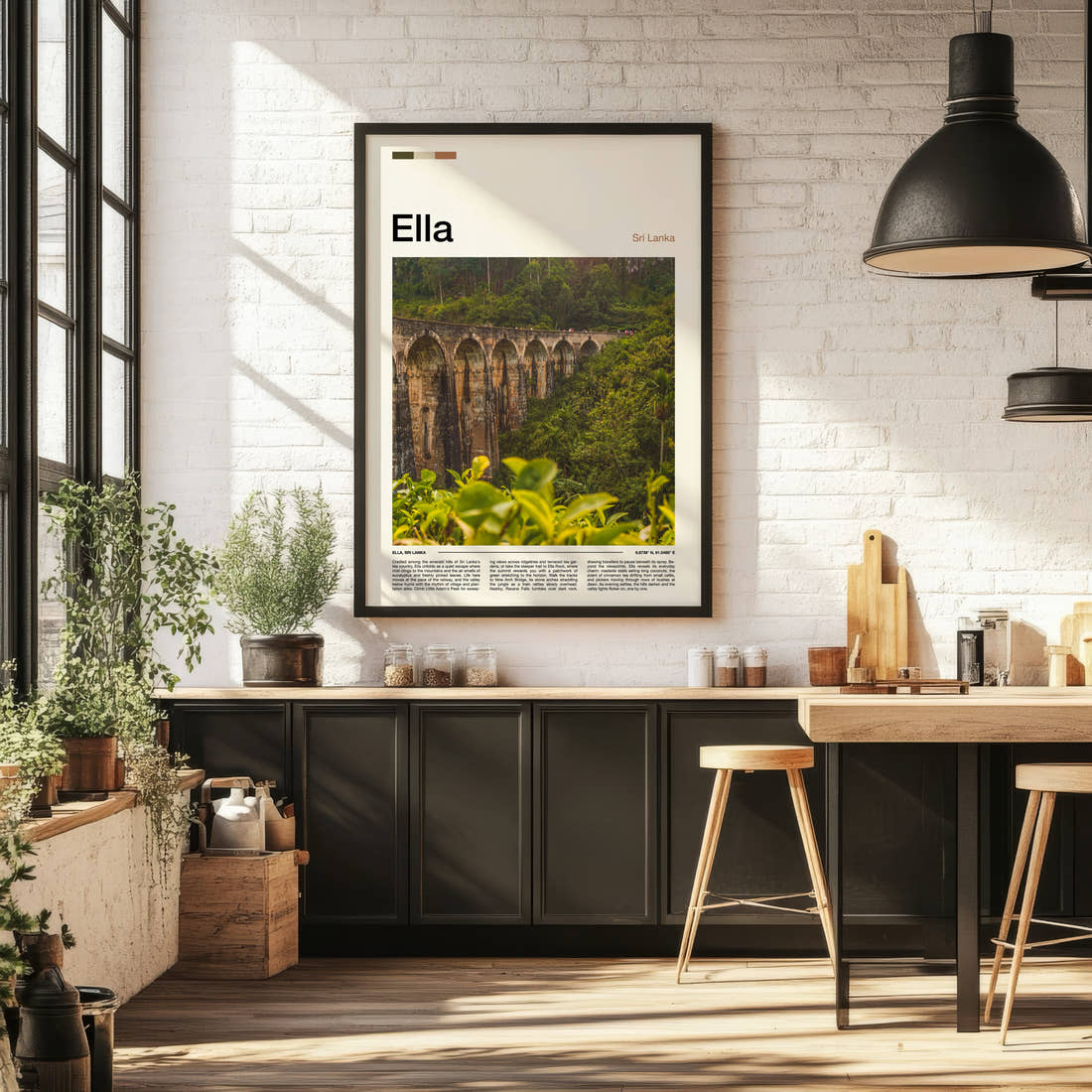 Ella Nine Arch Bridge Travel Print framed on the wall of a bright kitchen and dining space
