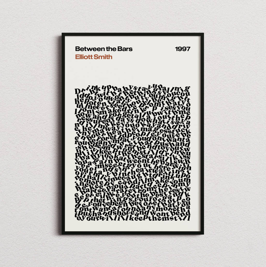 Elliott Smith Between the Bars Lyric Print in the cream colourway, framed
