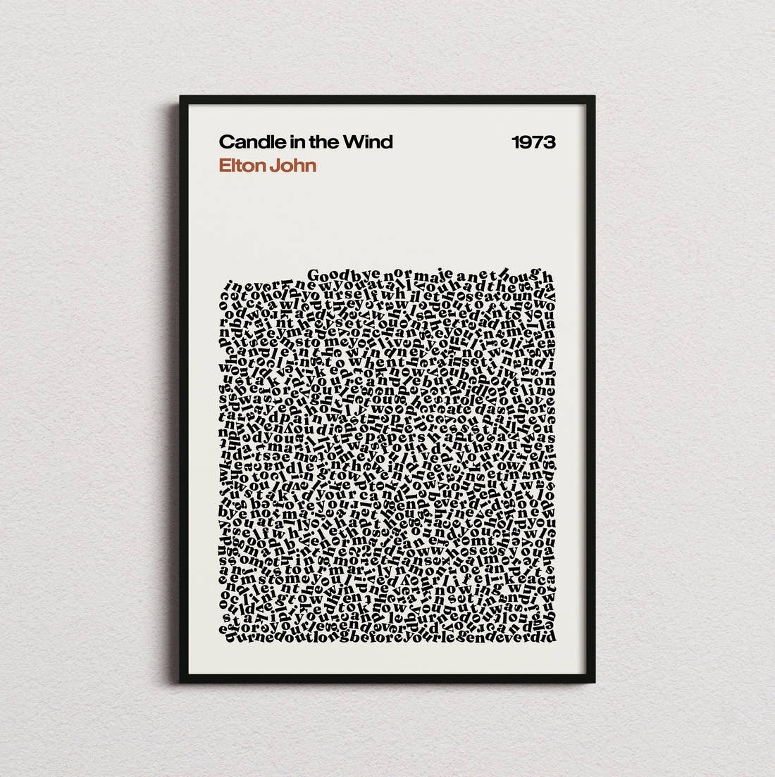 Elton John Candle in the Wind Lyric Print in the cream colourway, framed