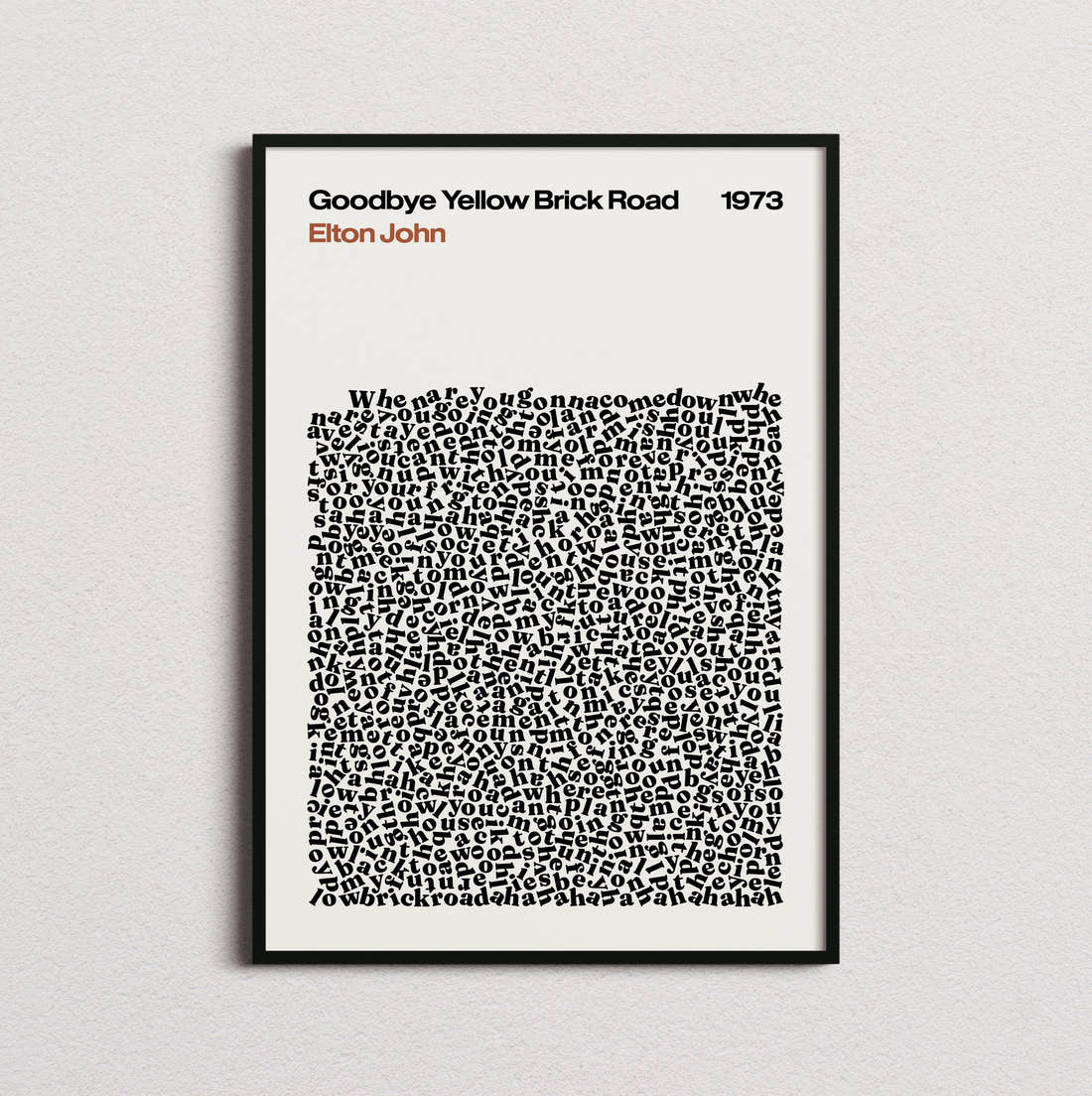 Elton John Goodbye Yellow Brick Road Lyric Print in the cream colourway, framed