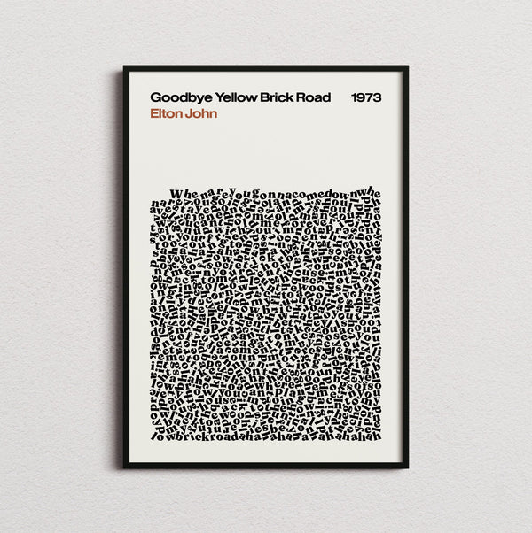 Elton John Goodbye Yellow Brick Road Lyric Print in the cream colourway, framed