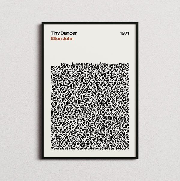 Elton John Tiny Dancer Lyric Print in the cream colourway, framed