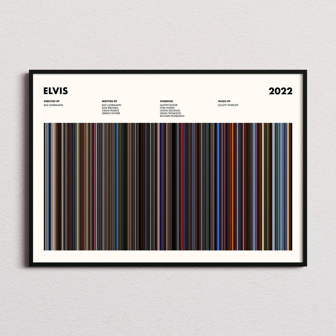 Elvis Movie Barcode Poster framed and photographed straight on